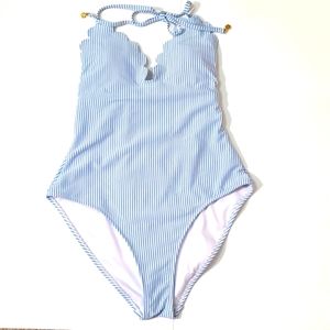 Jessica Simpson Seersucker Blue and White Stripe One Piece Halter Swimsuit Med